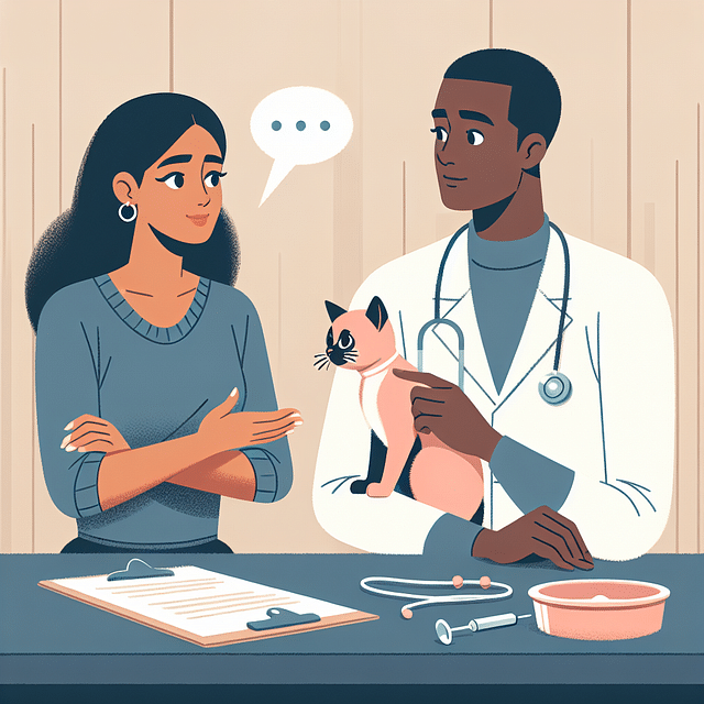 a pet owner discussing adjustments with a veterinarian
